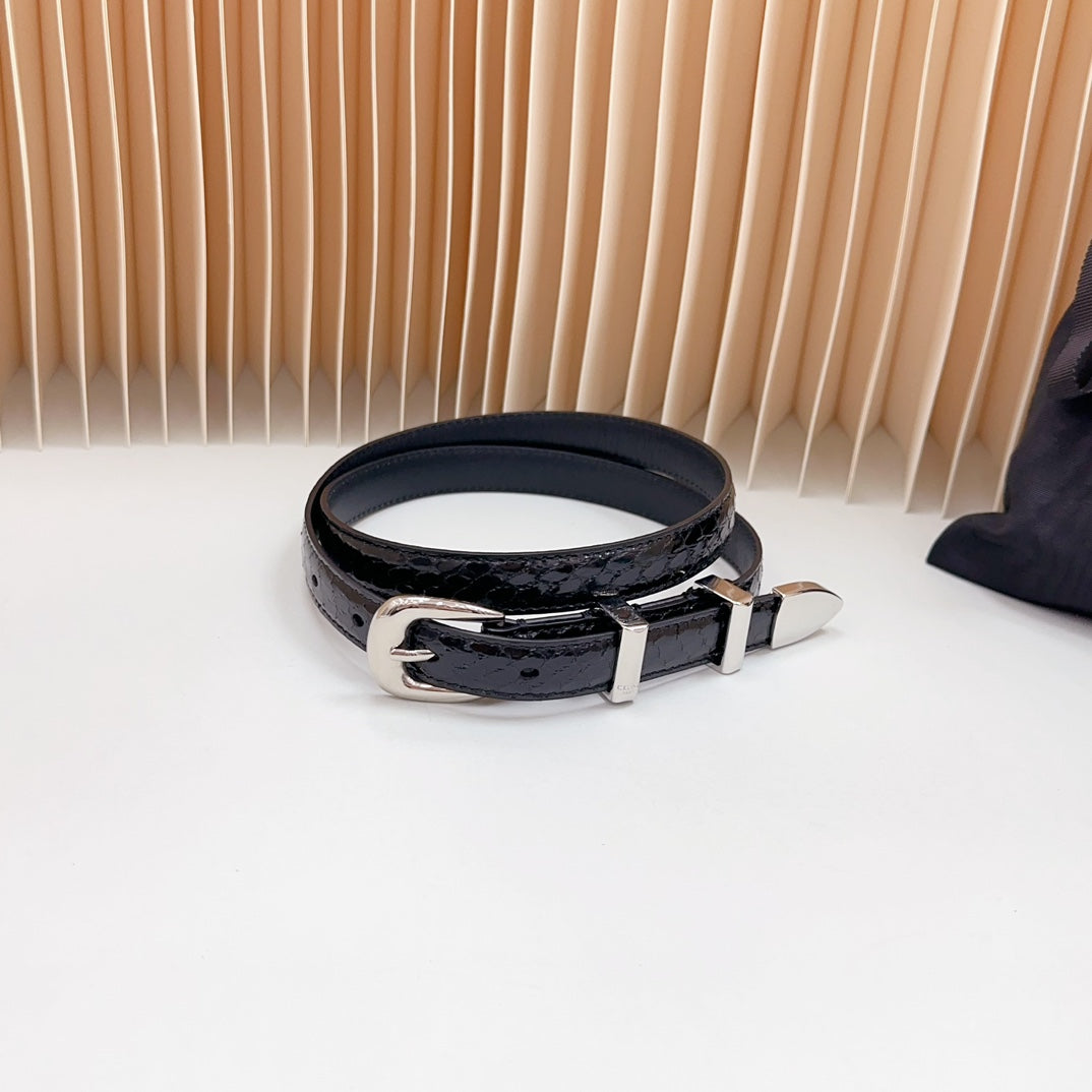 Celine Small Western Belt 18mm Black Patent Embossed Calfskin Shw
