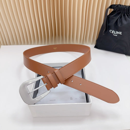 Celine LARGE WESTERN 35 MM BELT BRONZE BROWN CALFSKIN SILVER HARDWARE