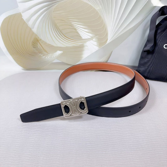 Celine CL MEDIUM 25 MM REVERSIBLE FRAMED TRIOMPHE BELT BLACK AND BRONZE BROWN CALFSKIN SILVER HARDWARE