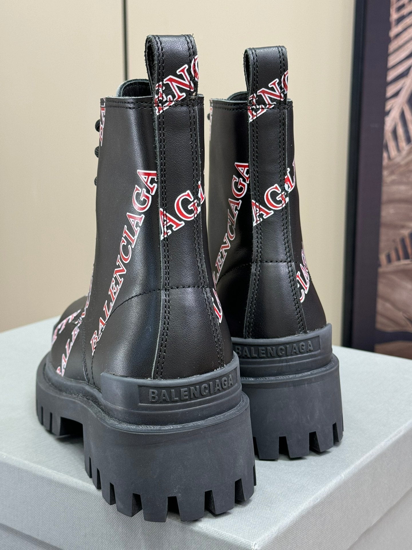 Balanciaga CHUNKY BOOTS IN BLACK SMOOTH CALFSKIN RED LOGO PRINT