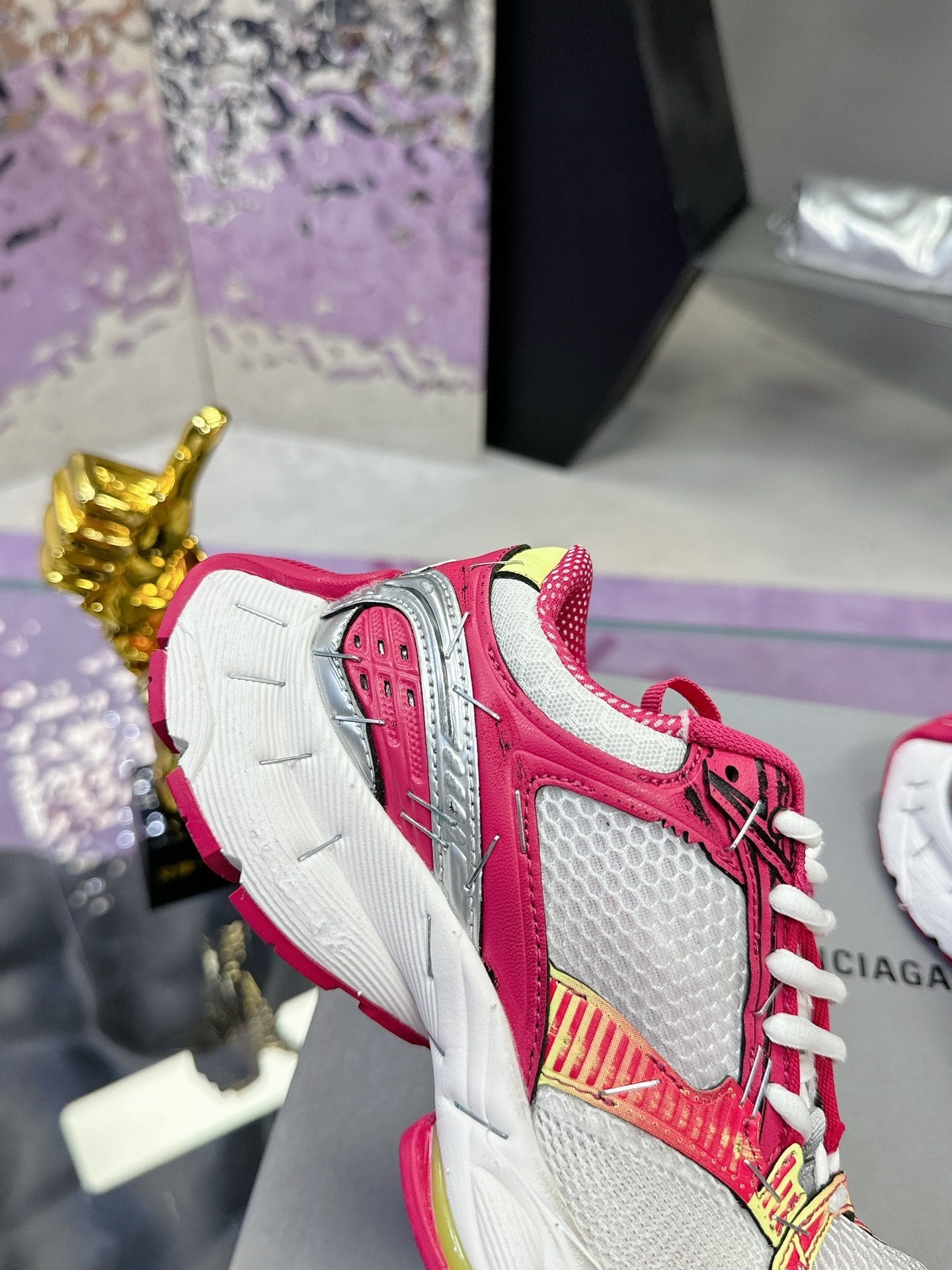 Balanciaga STAPLER SNEAKER IN WHITE, PINK, NEON YELLOW AND SILVER POLYURETHANE AND POLYESTER