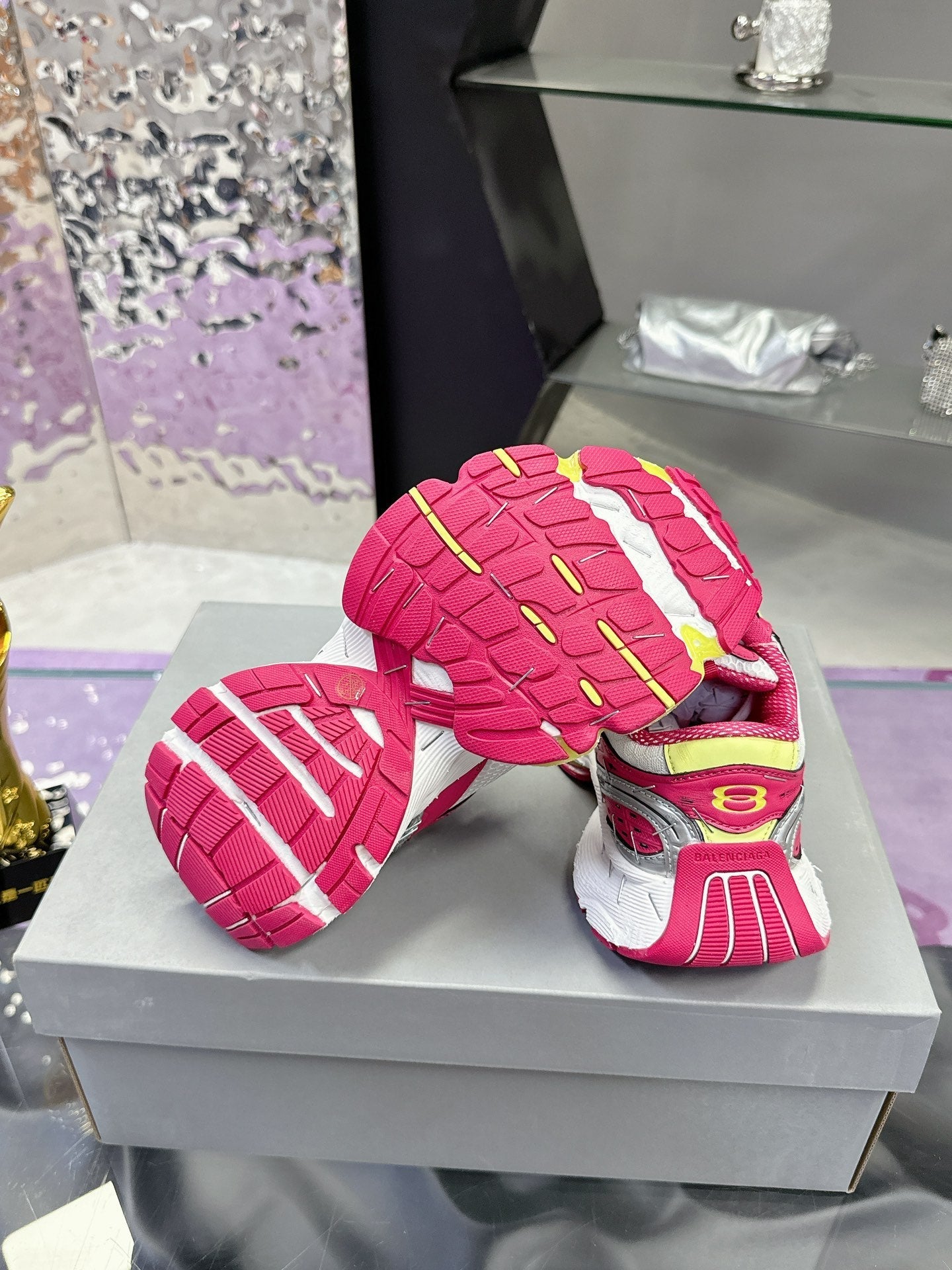 Balanciaga STAPLER SNEAKER IN WHITE, PINK, NEON YELLOW AND SILVER POLYURETHANE AND POLYESTER