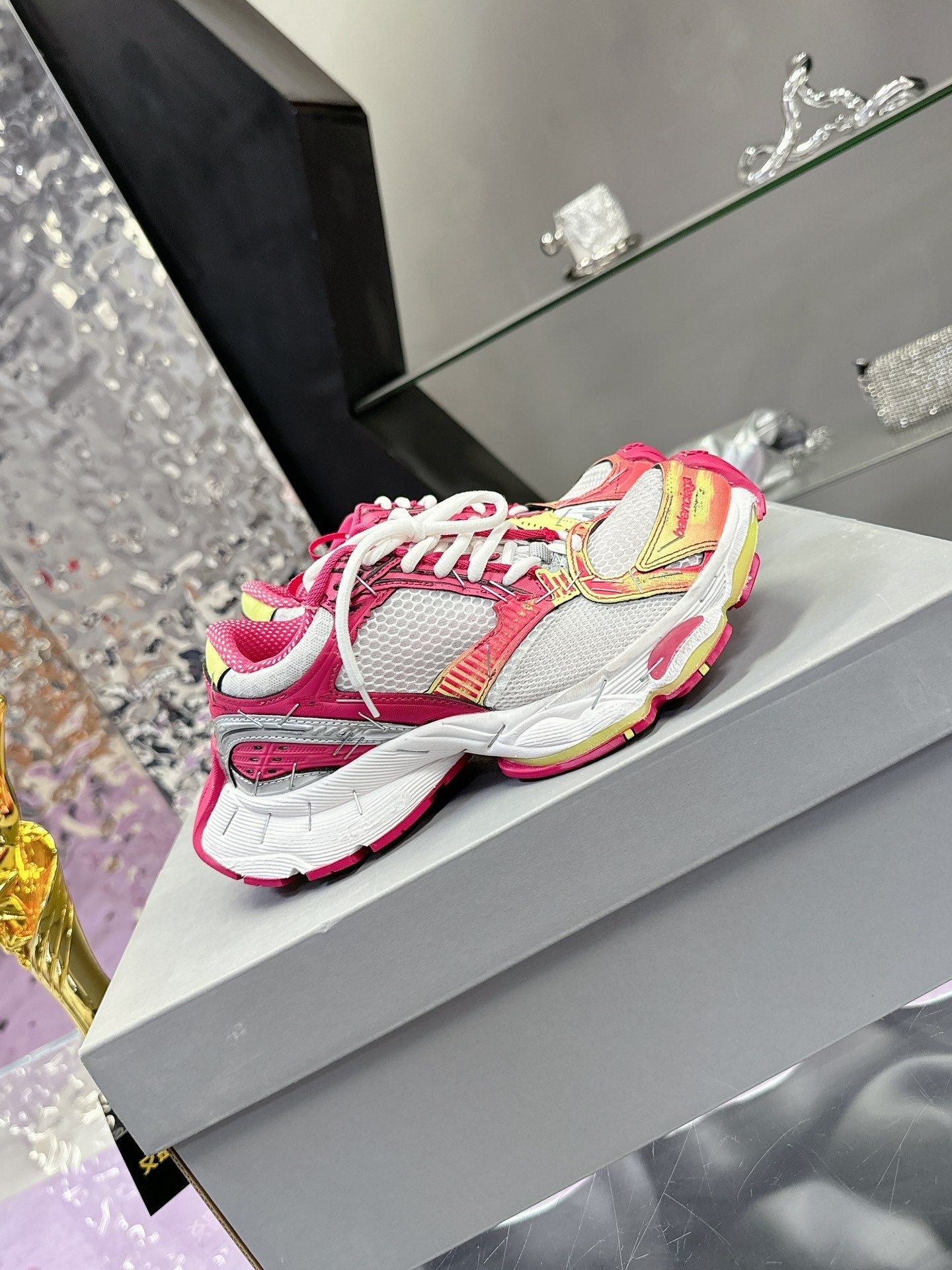 Balanciaga STAPLER SNEAKER IN WHITE, PINK, NEON YELLOW AND SILVER POLYURETHANE AND POLYESTER