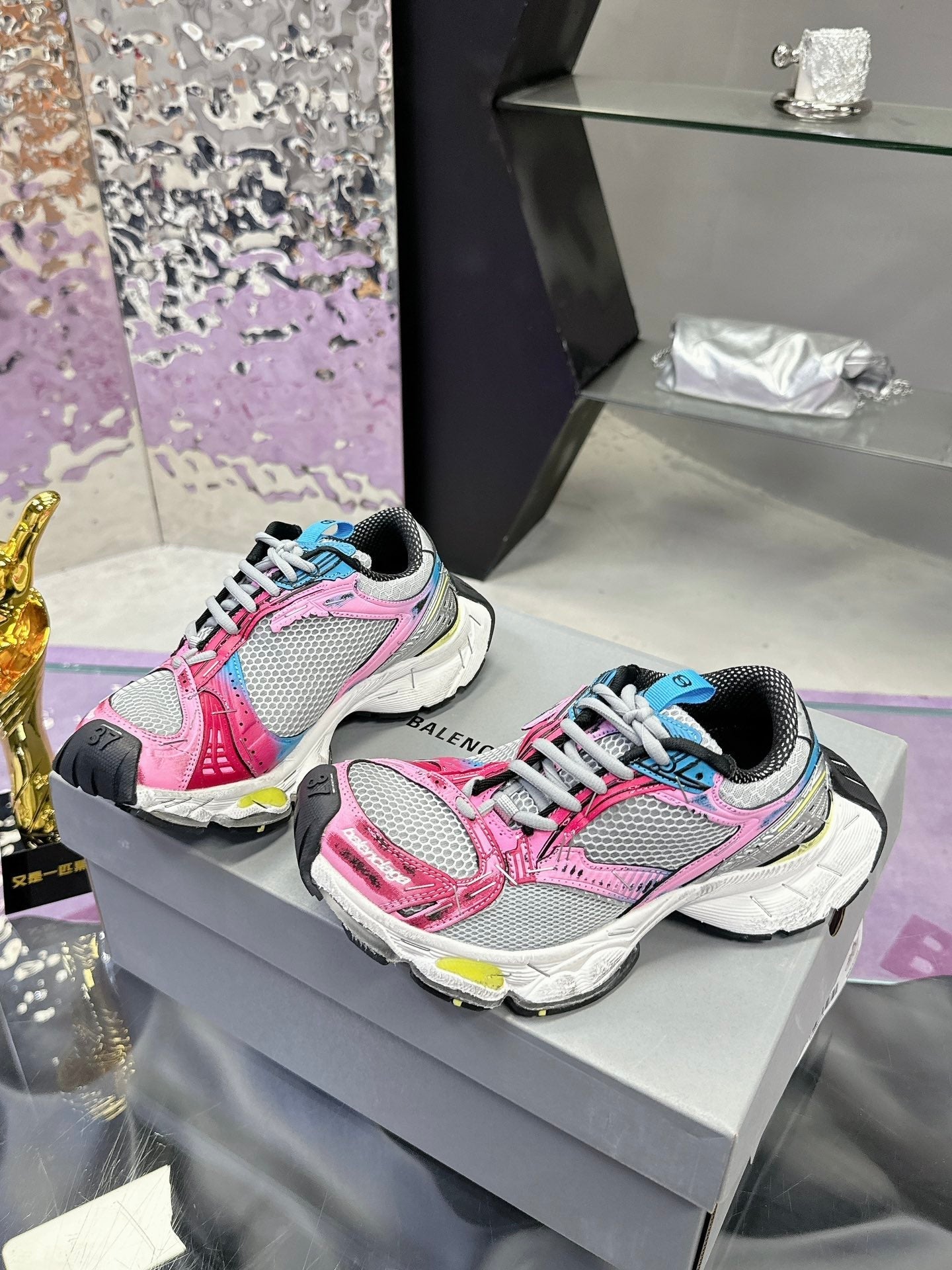 Balanciaga STAPLER SNEAKER IN GRAY PINK BLUE POLYURETHANE AND MESH