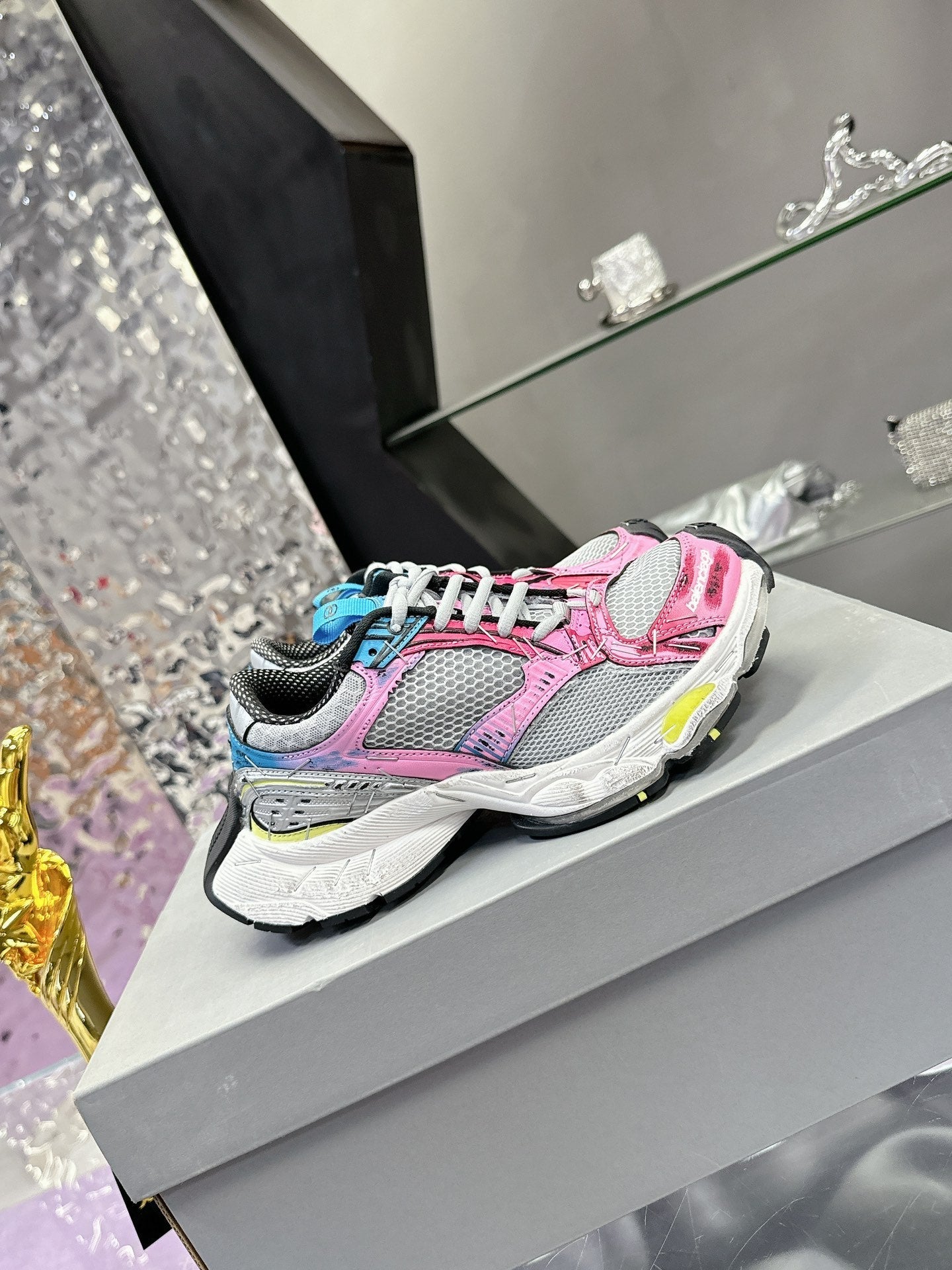 Balanciaga STAPLER SNEAKER IN GRAY PINK BLUE POLYURETHANE AND MESH