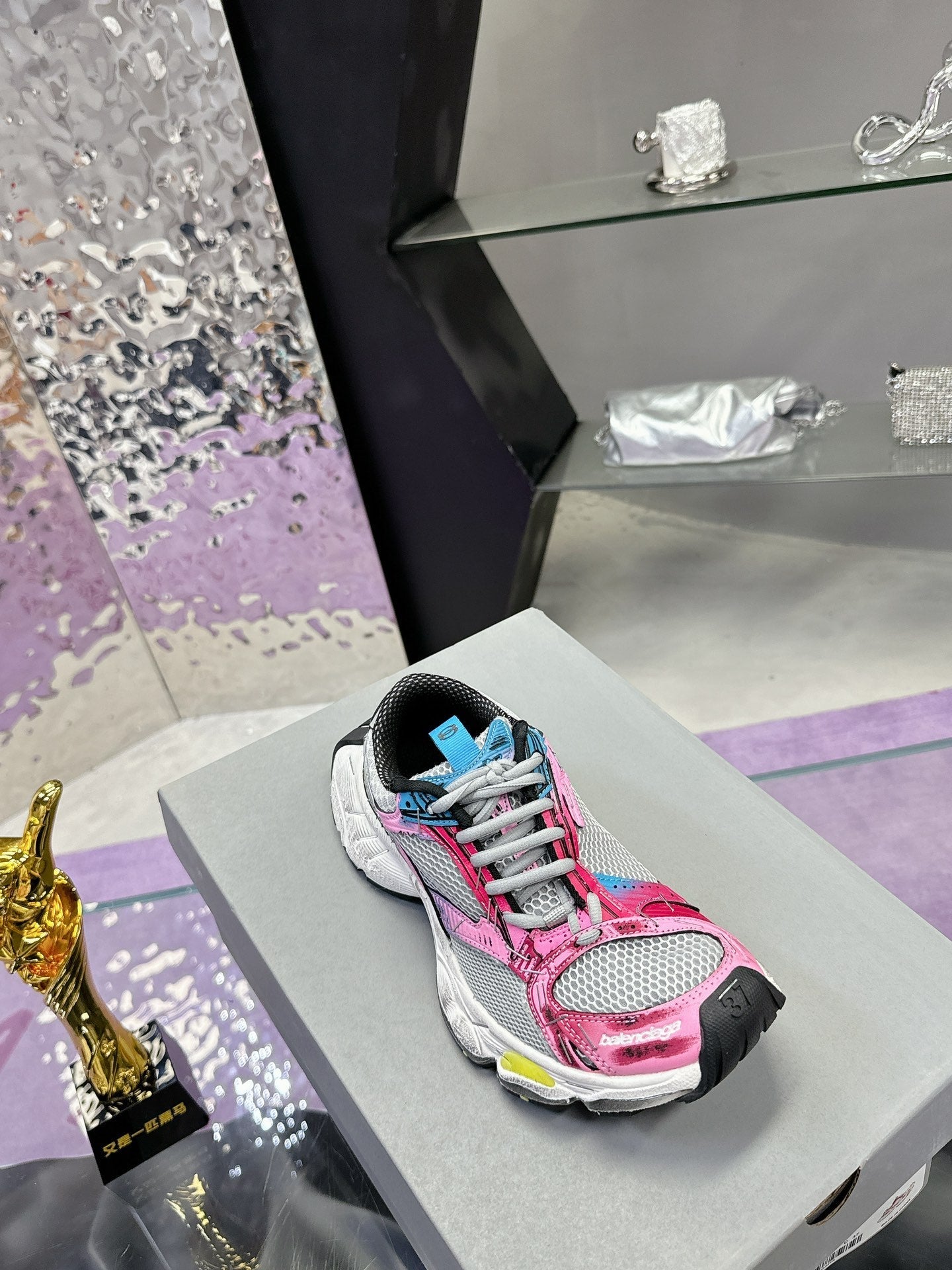 Balanciaga STAPLER SNEAKER IN GRAY PINK BLUE POLYURETHANE AND MESH
