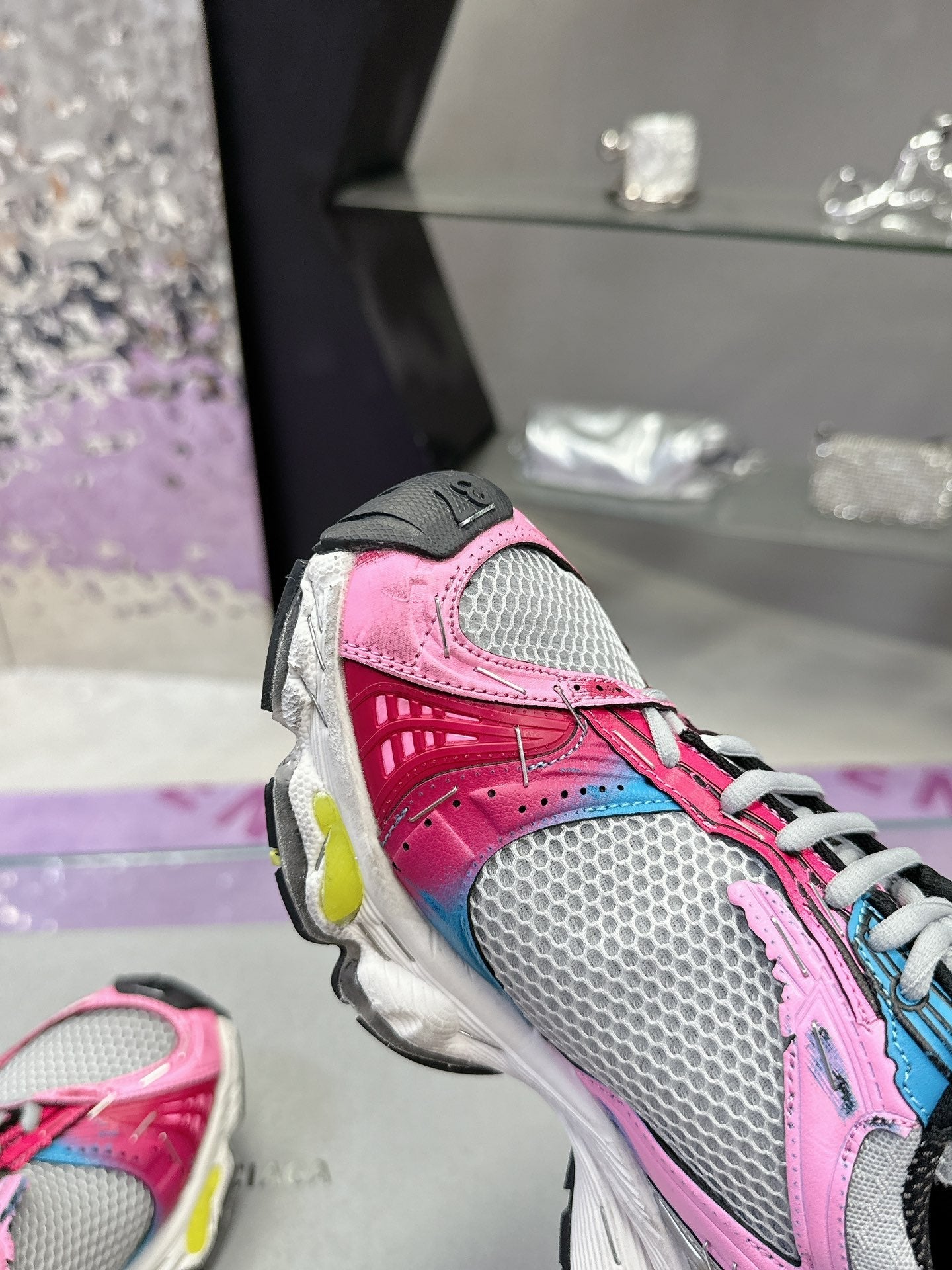 Balanciaga STAPLER SNEAKER IN GRAY PINK BLUE POLYURETHANE AND MESH