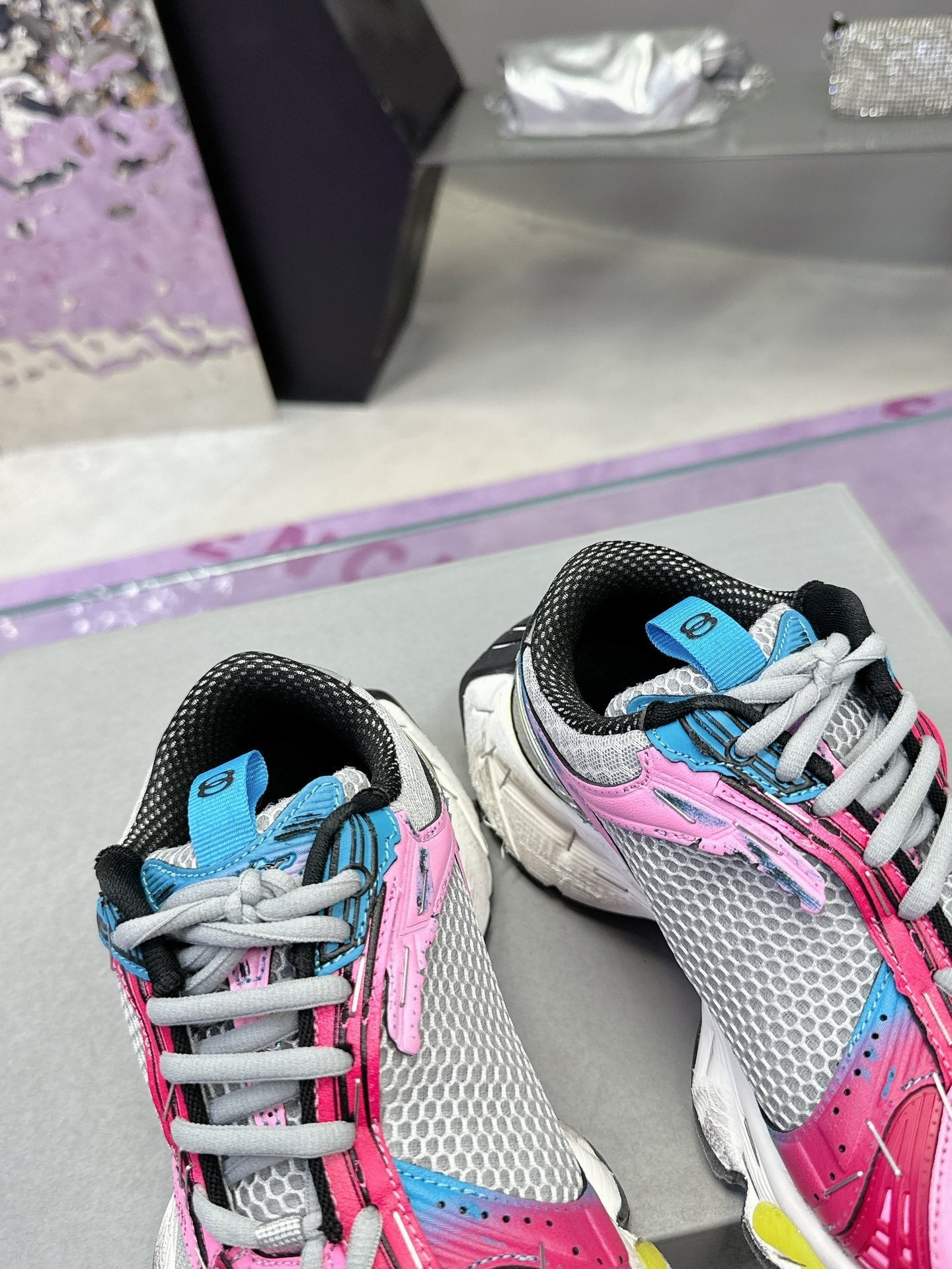 Balanciaga STAPLER SNEAKER IN GRAY PINK BLUE POLYURETHANE AND MESH