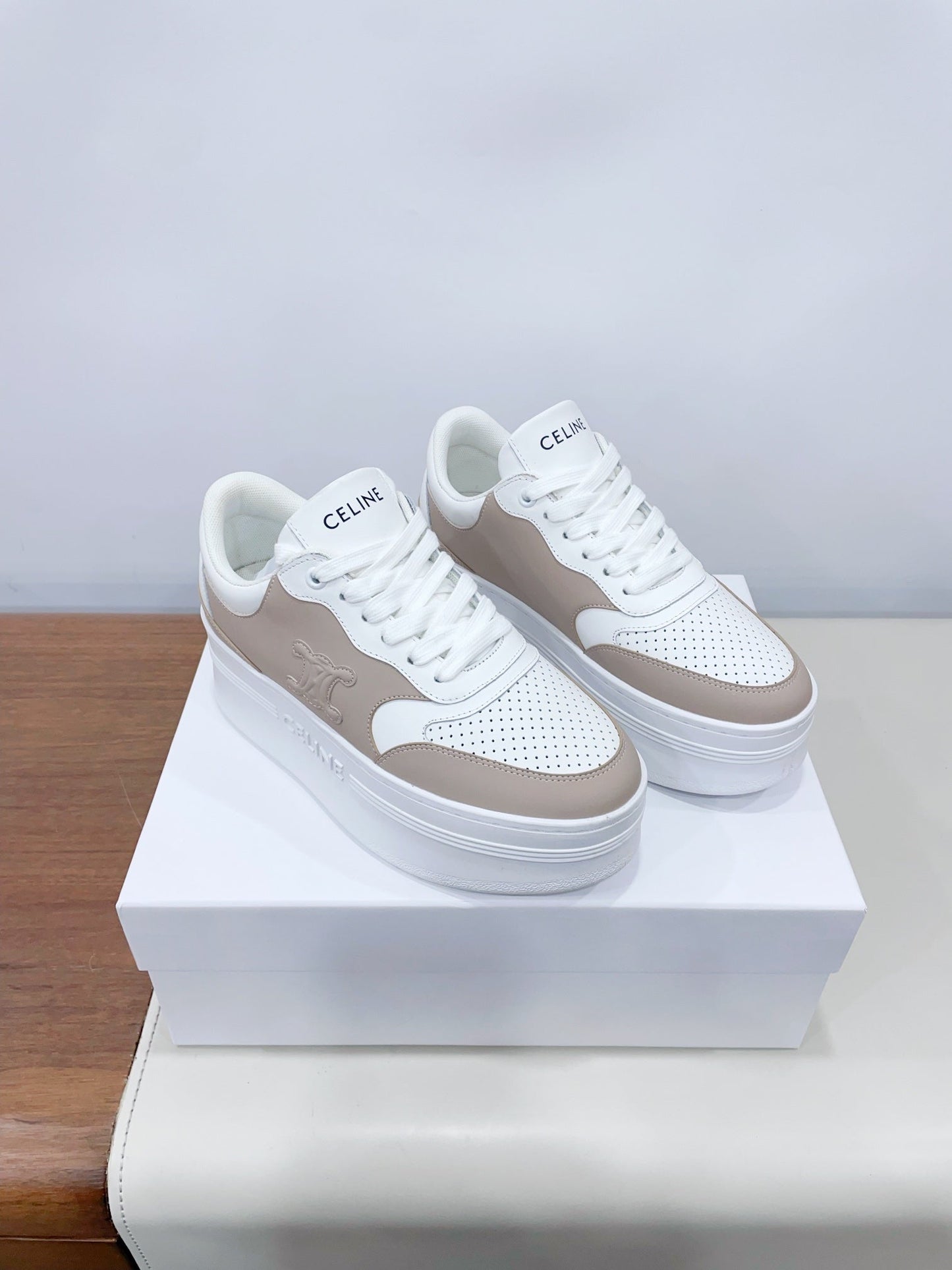 Celine CELINE 25C Block Sneaker White mix Khaki Brown Calfskin 231996