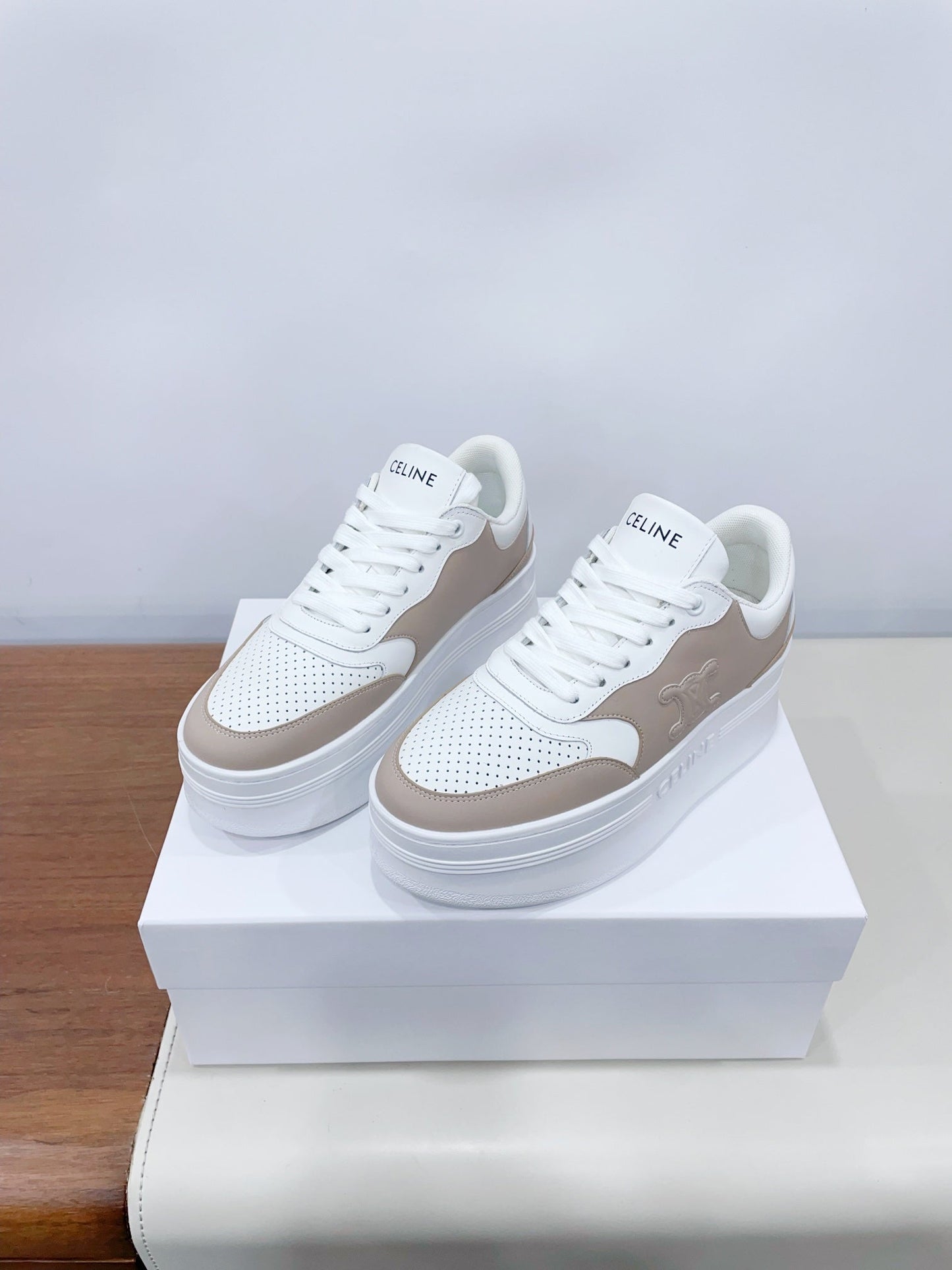 Celine CELINE 25C Block Sneaker White mix Khaki Brown Calfskin 231996