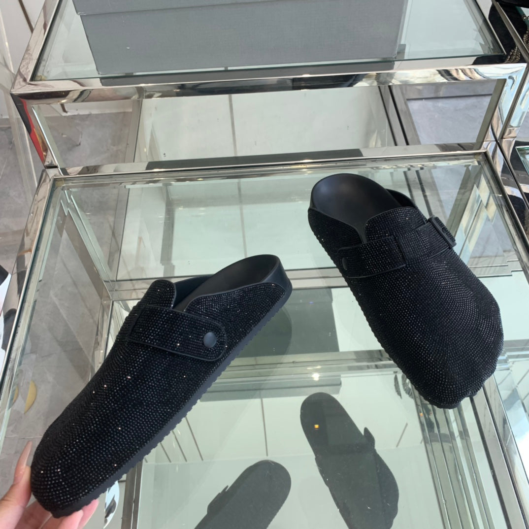 Balanciaga BIRKENSTOCK CLOG ATTACHED RHINESTONES IN BLACK CALFSKIN