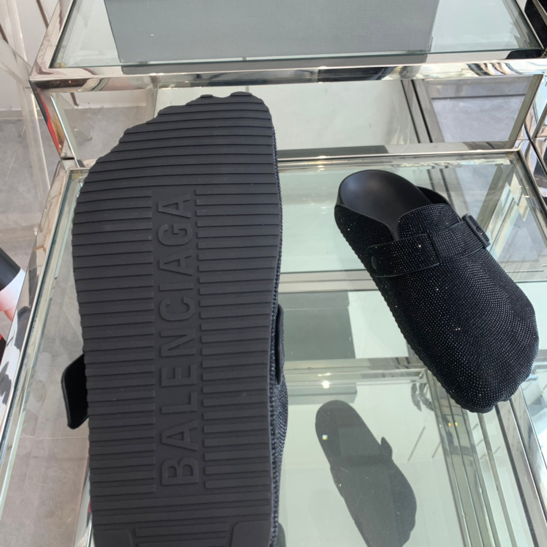 Balanciaga BIRKENSTOCK CLOG ATTACHED RHINESTONES IN BLACK CALFSKIN