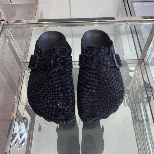 Balanciaga BIRKENSTOCK CLOG ATTACHED RHINESTONES IN BLACK CALFSKIN