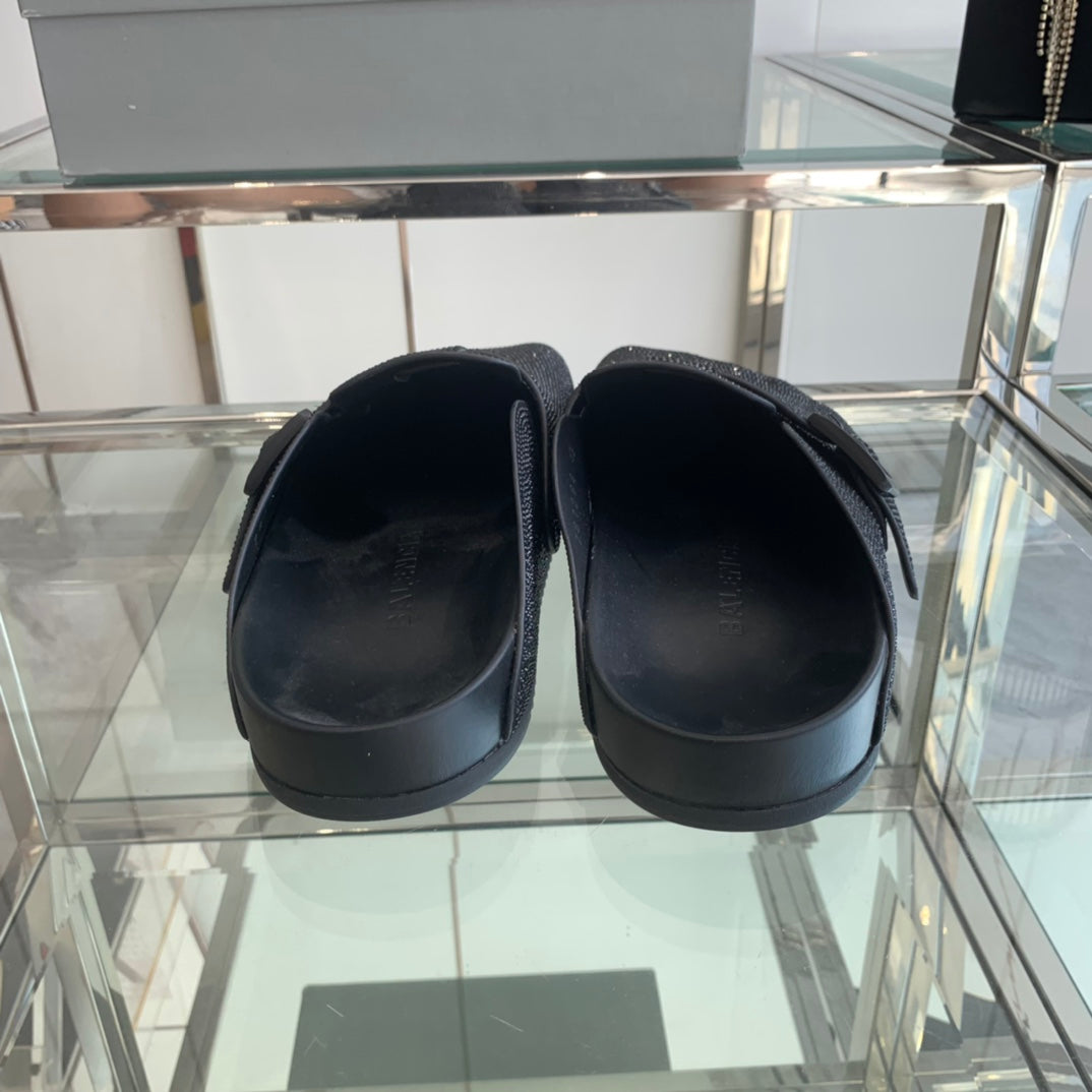 Balanciaga BIRKENSTOCK CLOG ATTACHED RHINESTONES IN BLACK CALFSKIN