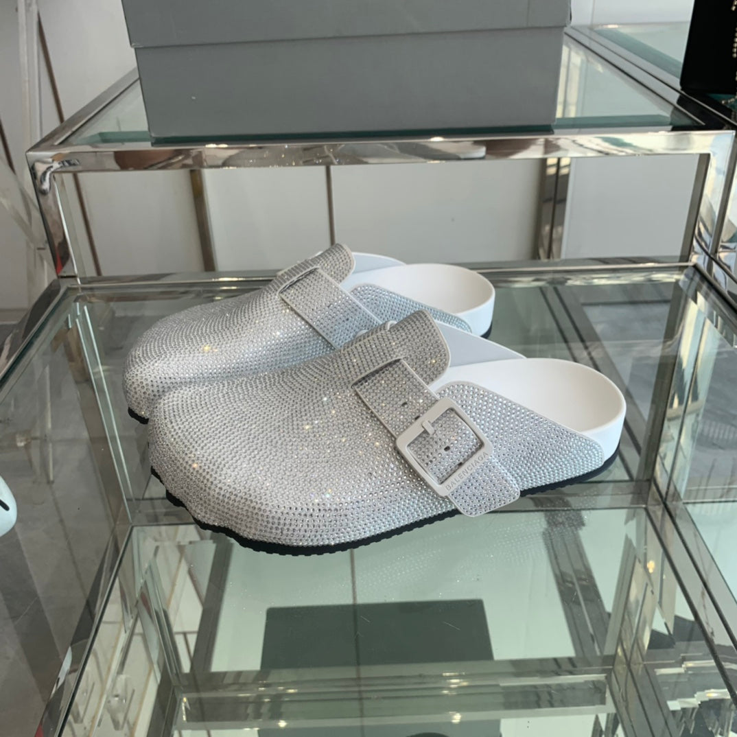 Balanciaga BIRKENSTOCK CLOG ATTACHED RHINESTONES IN WHITE CALFSKIN