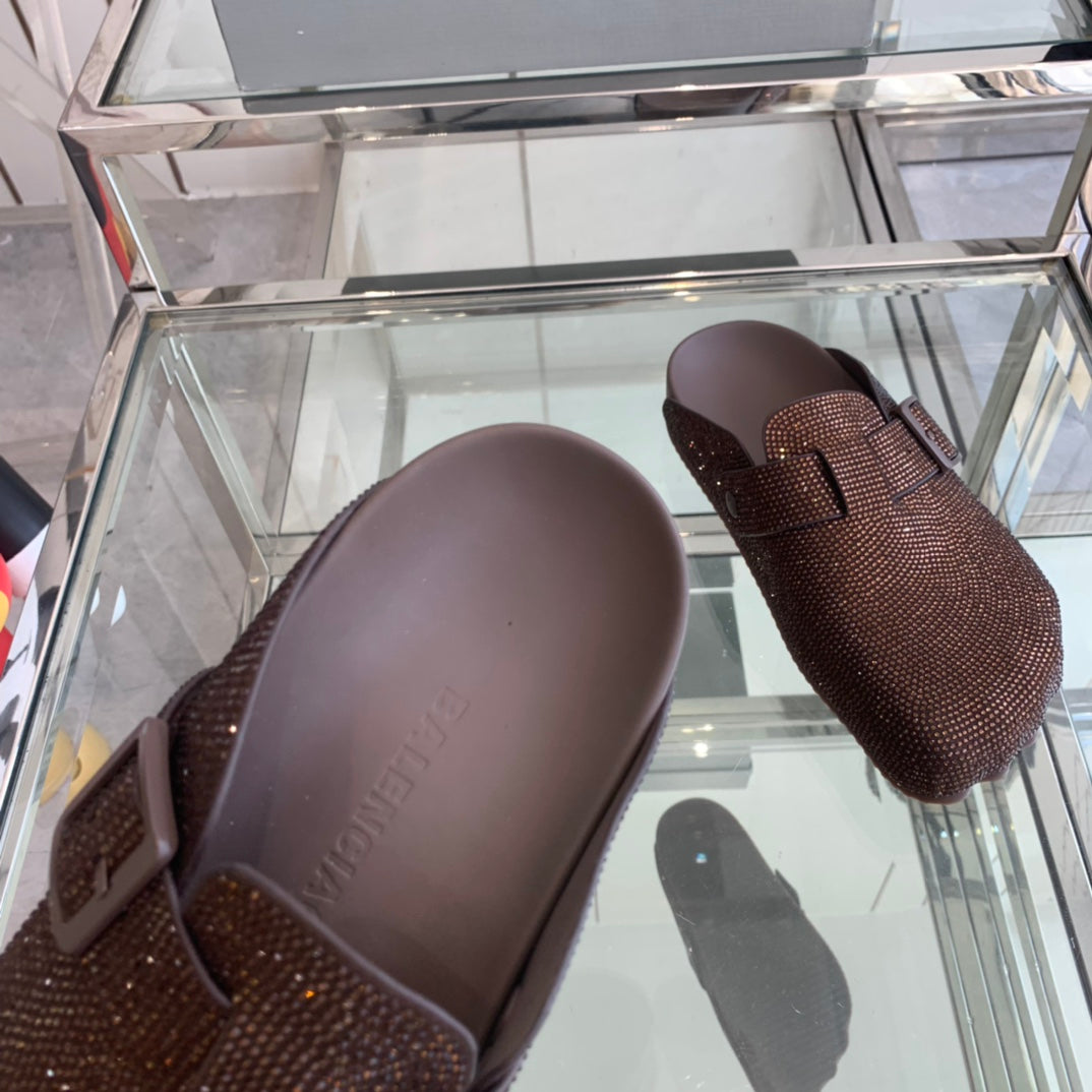 Balanciaga BIRKENSTOCK CLOG ATTACHED RHINESTONES IN BROWN CALFSKIN