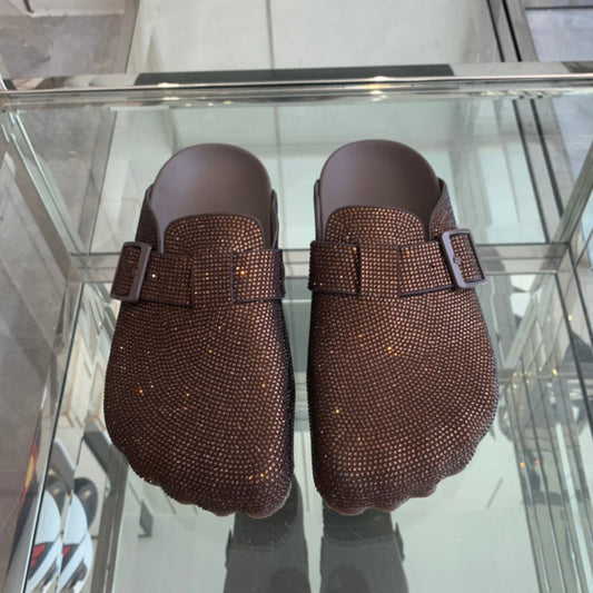 Balanciaga BIRKENSTOCK CLOG ATTACHED RHINESTONES IN BROWN CALFSKIN