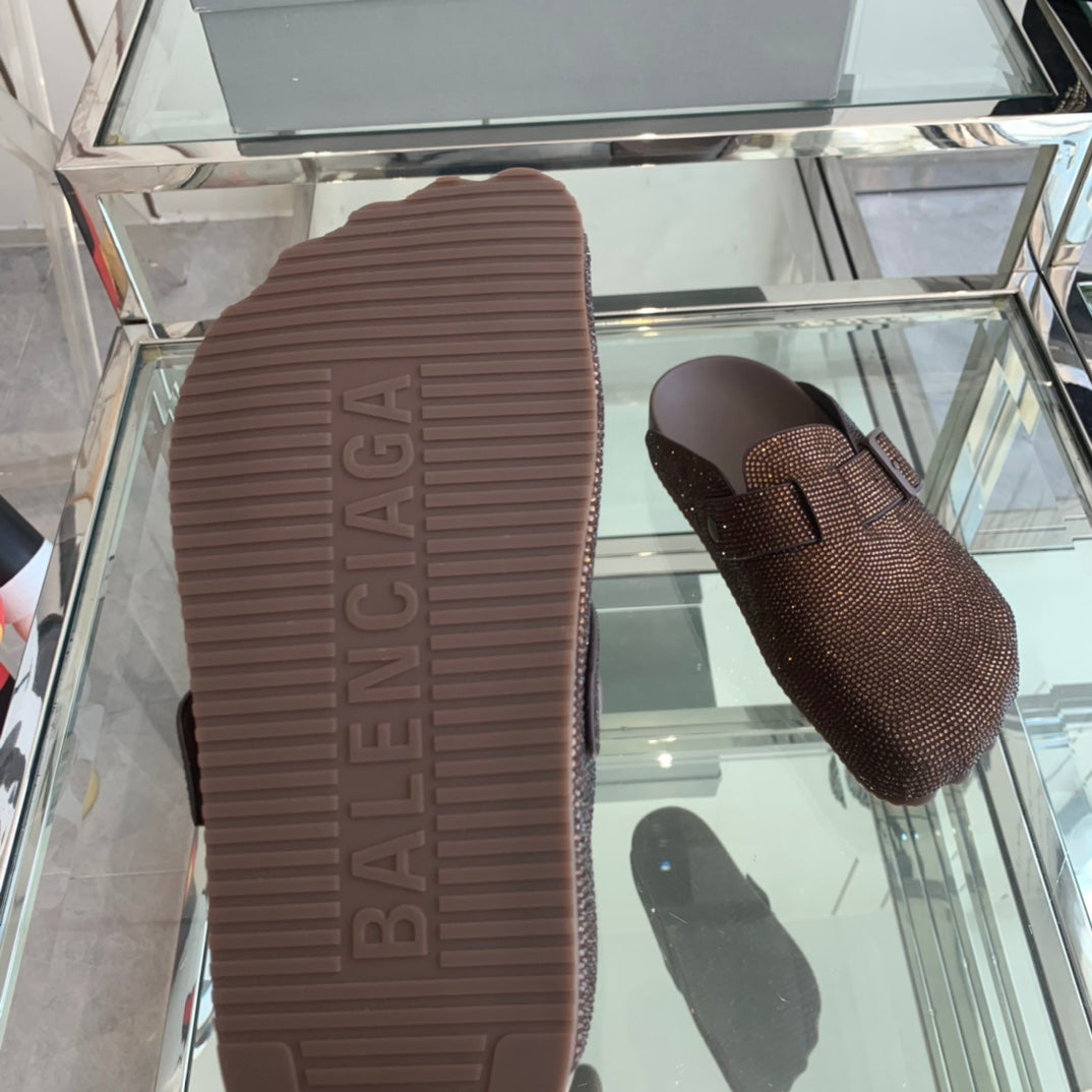 Balanciaga BIRKENSTOCK CLOG ATTACHED RHINESTONES IN BROWN CALFSKIN