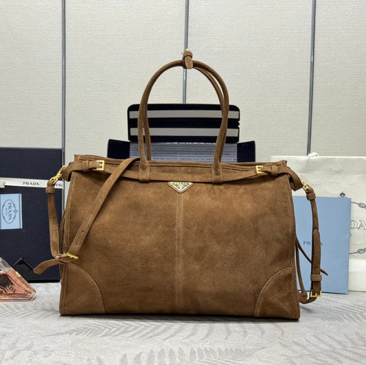PRADA TOTE BAG WITH BELT 42 IN RUSSET BROWN SUEDE GOLD HARDWARE