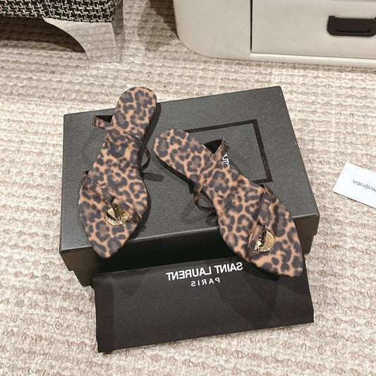 Saint Laurent SL TANGER SLIDES LEOPARD SATIN