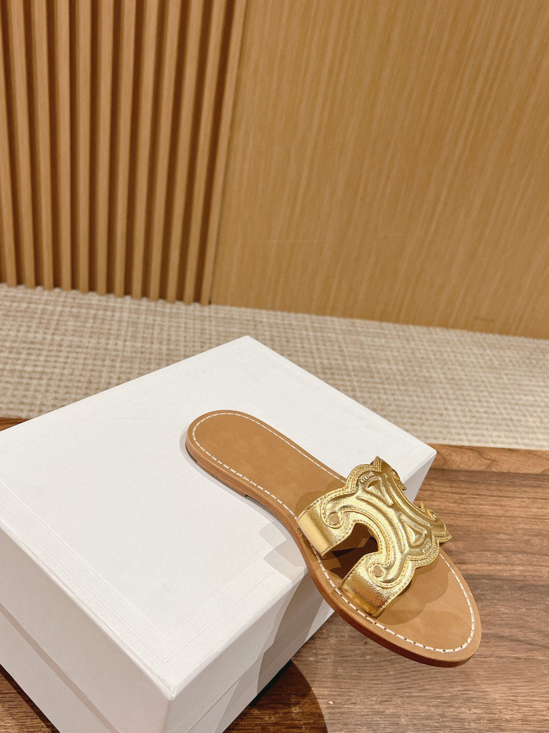 Celine mule triomphe gold brown metalic calfskin