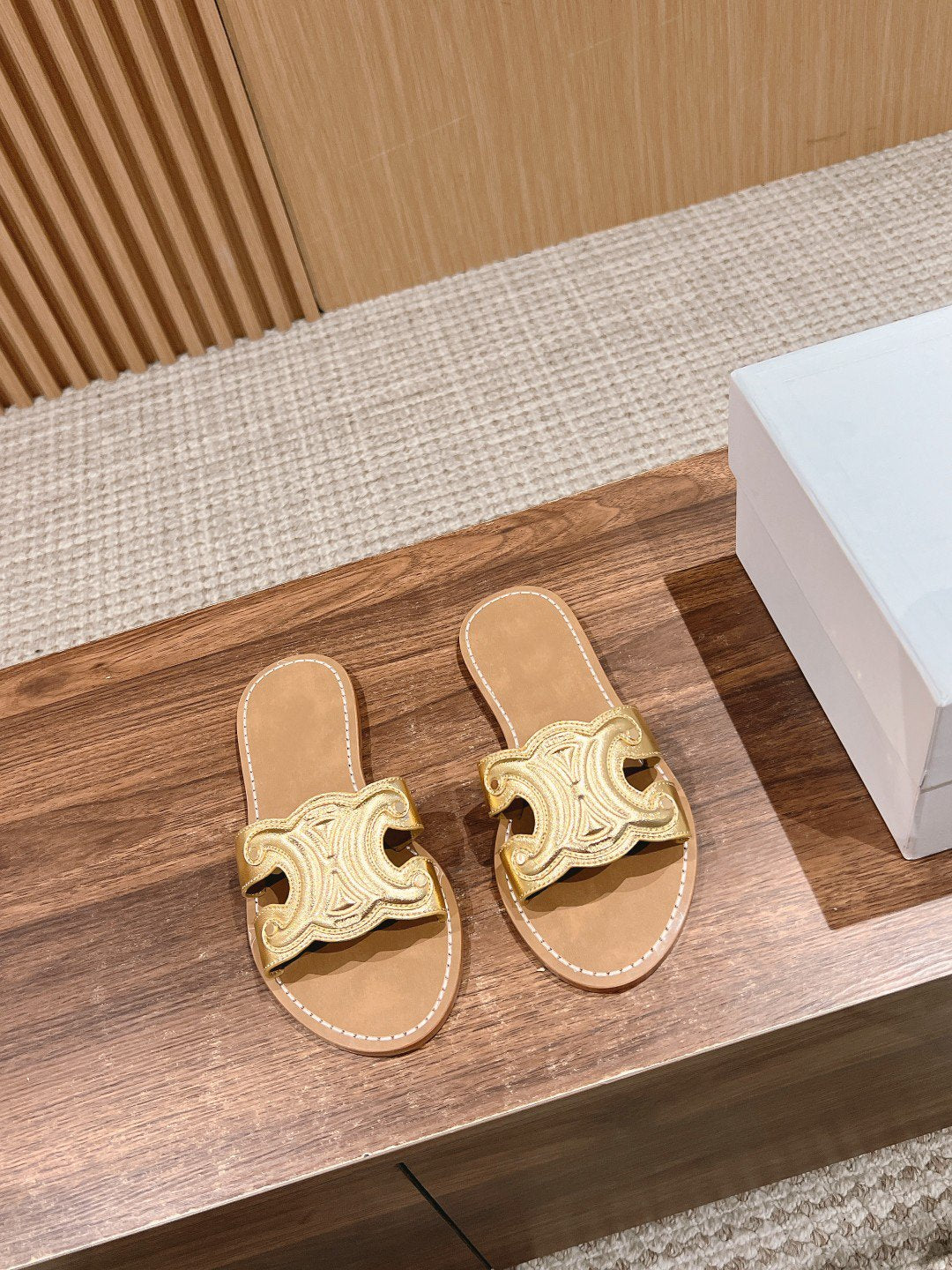 Celine mule triomphe gold brown metalic calfskin