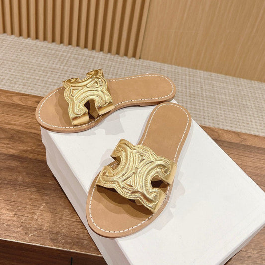 Celine mule triomphe gold brown metalic calfskin
