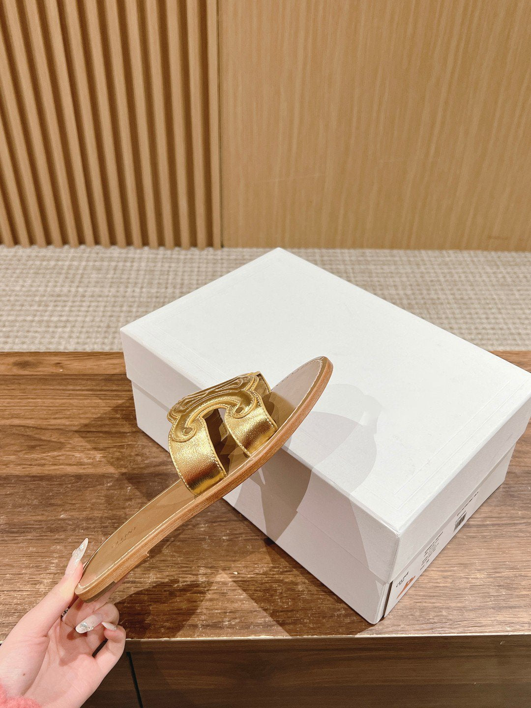Celine mule triomphe gold brown metalic calfskin