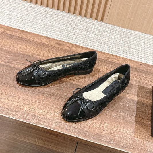 CHANEL ballet flat black quilted lambskin patent calfkin toe