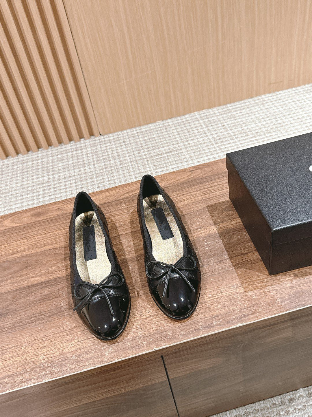 CHANEL ballet flat black quilted lambskin patent calfkin toe