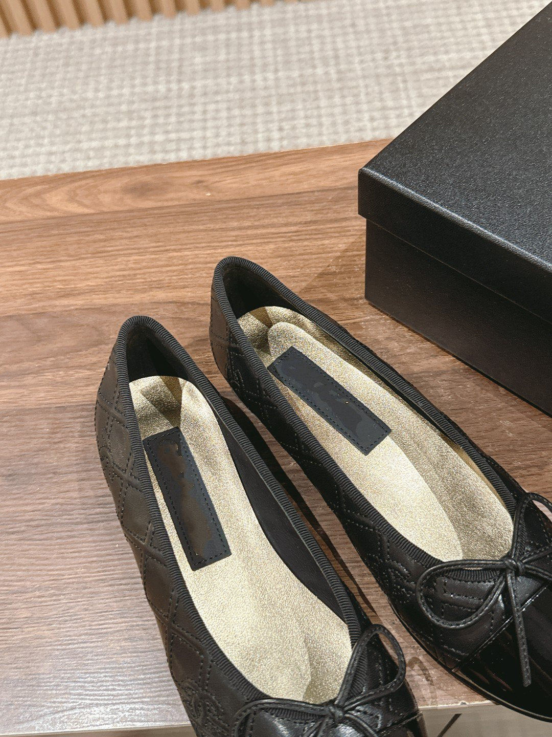 CHANEL ballet flat black quilted lambskin patent calfkin toe