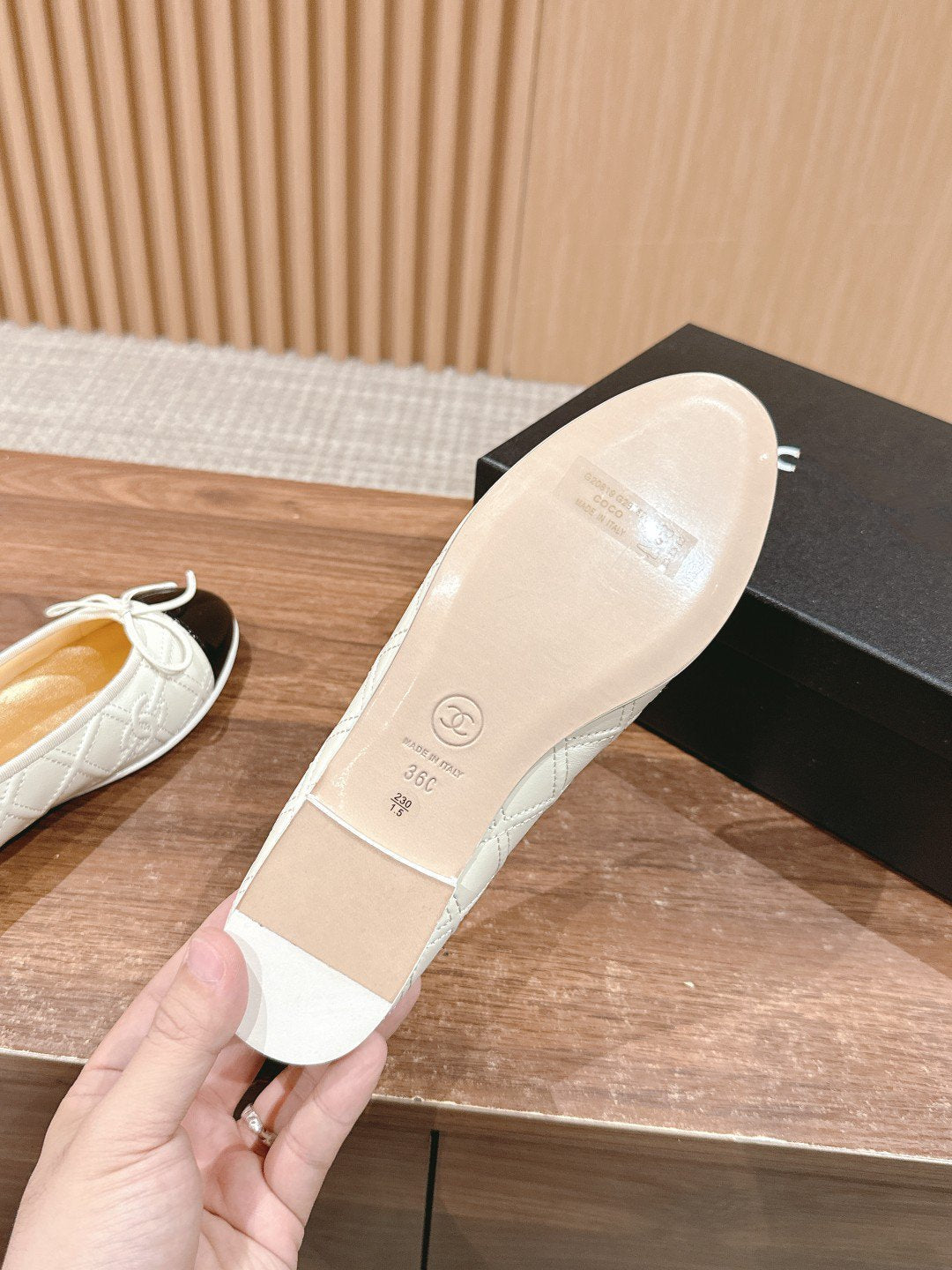 CHANEL ballet flat cream quilted lambskin black patent calfskin