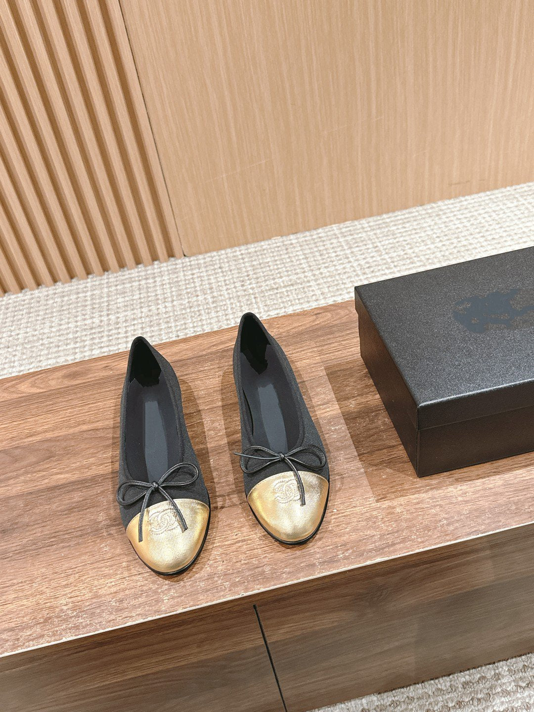 CHANEL ballet flat black grosgrain gold metalic lambskin