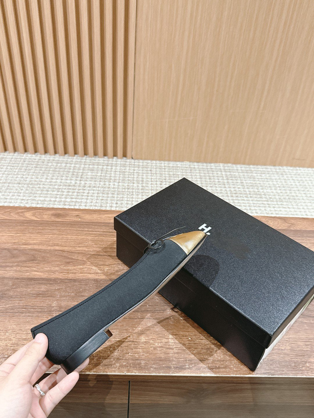 CHANEL ballet flat black grosgrain gold metalic lambskin
