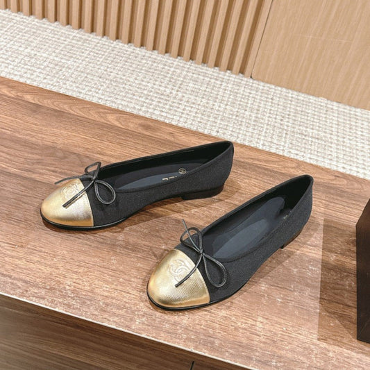CHANEL ballet flat black grosgrain gold metalic lambskin
