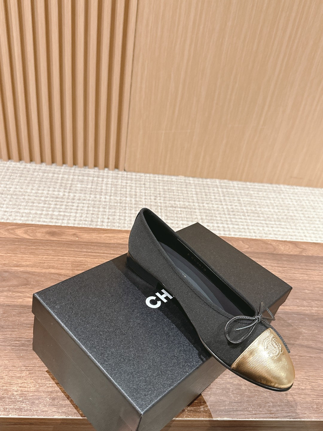 CHANEL ballet flat black grosgrain gold metalic lambskin