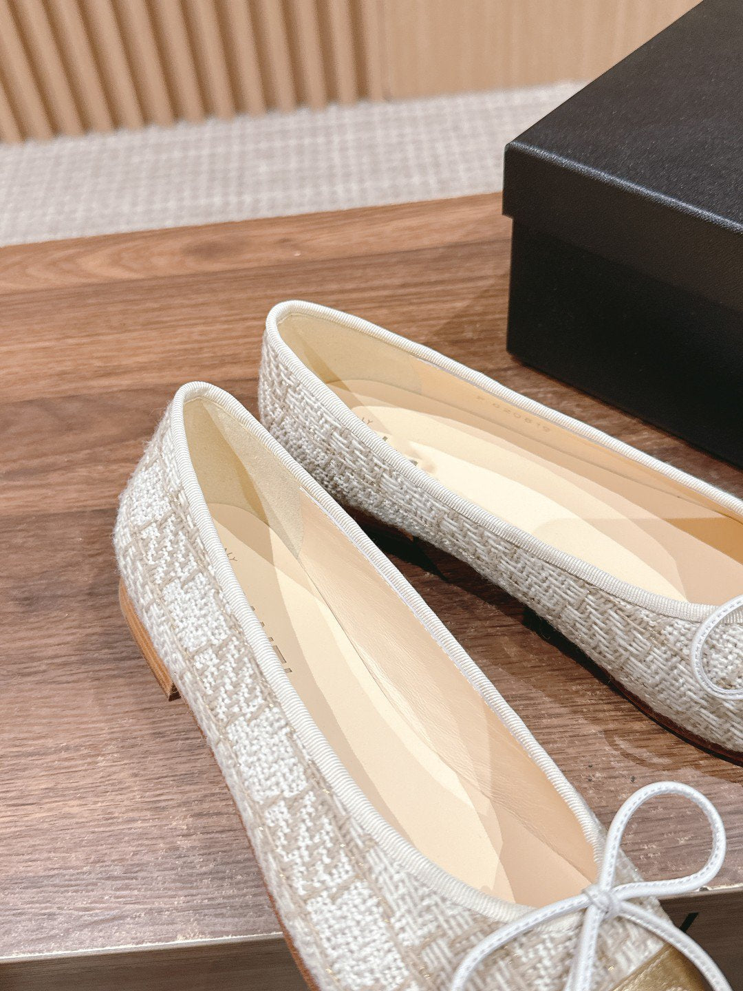 CHANEL ballet flat grey textile gold metalic lambskin