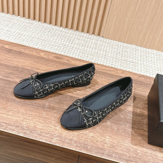CHANEL ballet flat beige black tweed grosgrain