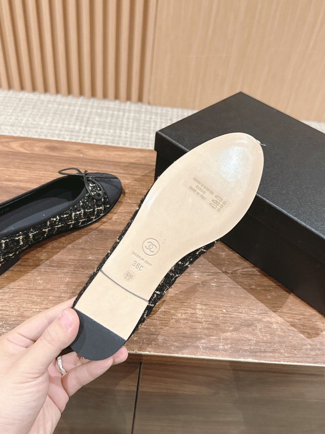 CHANEL ballet flat beige black tweed grosgrain
