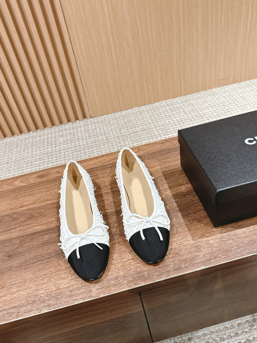 CHANEL ballet flat white tweed black grosgrain