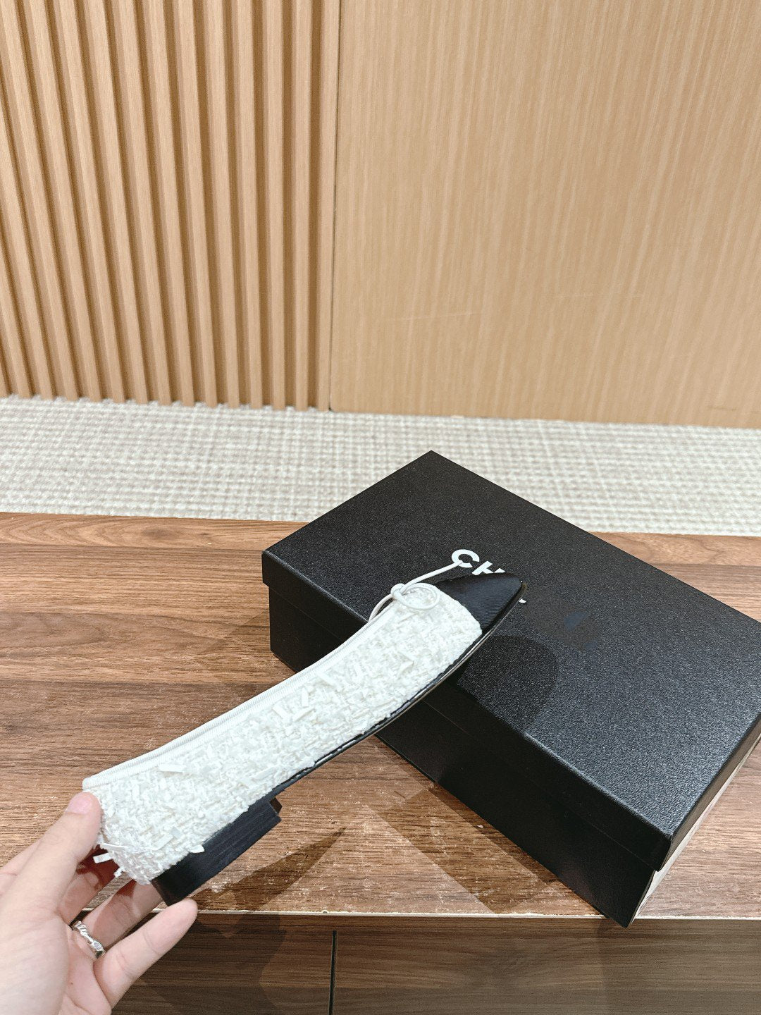 CHANEL ballet flat white tweed black grosgrain