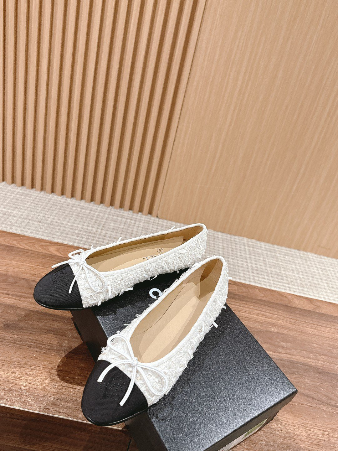 CHANEL ballet flat white tweed black grosgrain