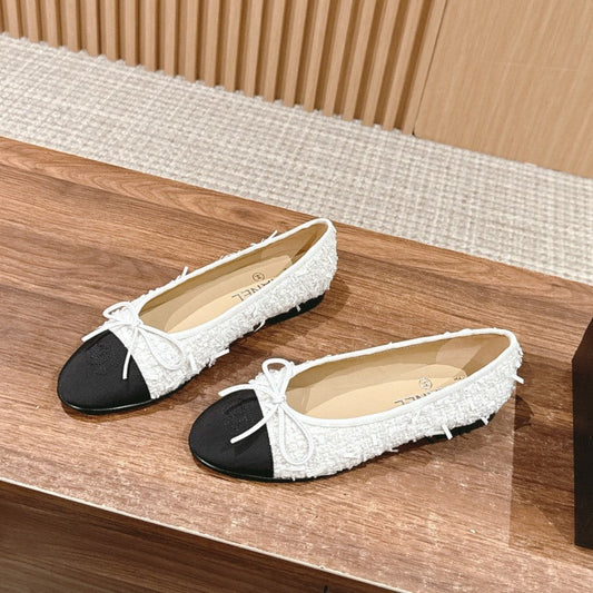 CHANEL ballet flat white tweed black grosgrain