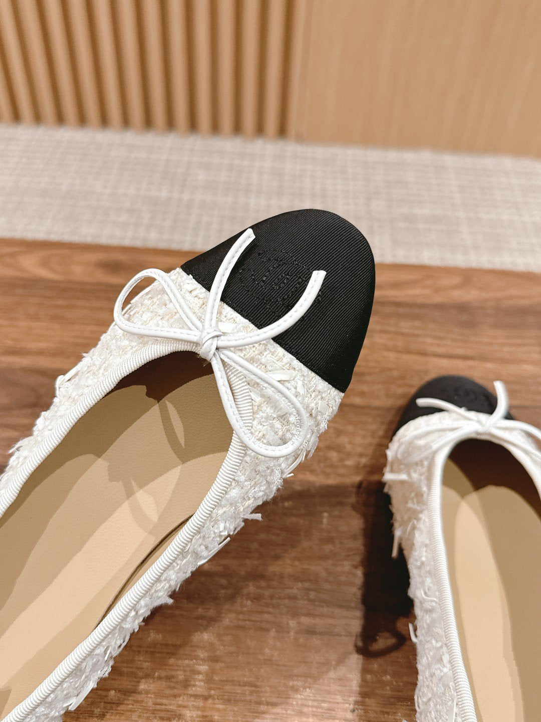 CHANEL ballet flat white tweed black grosgrain