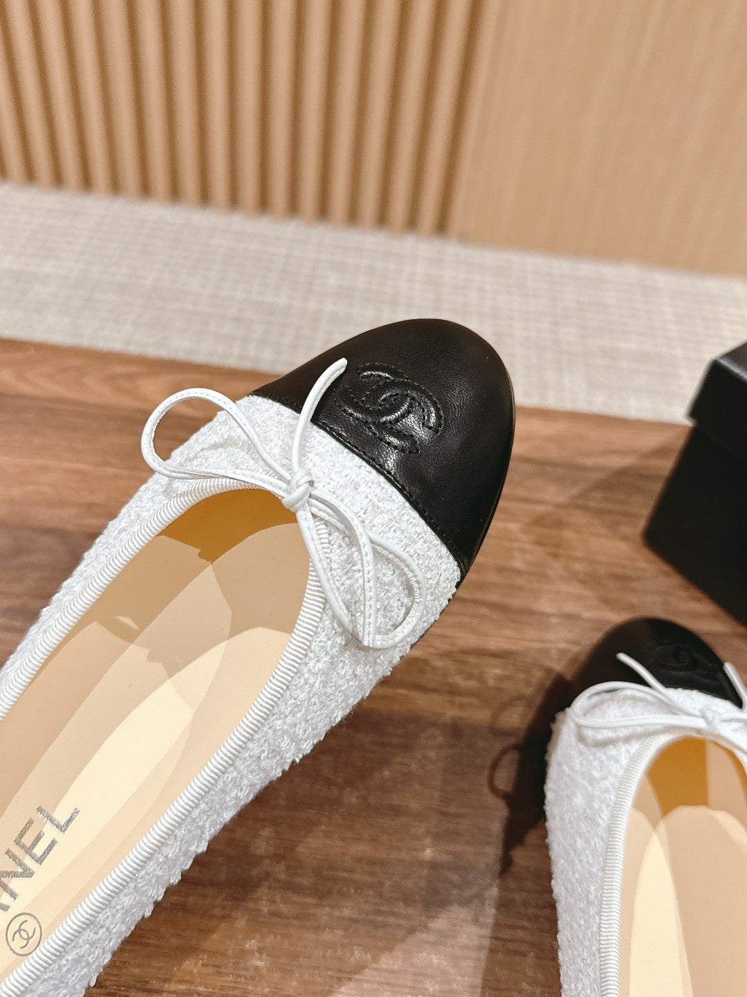 CHANEL ballet flat grey tweed beige black lambskin