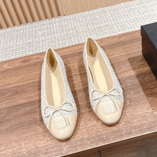 CHANEL ballet flat white grey tweed beige lambskin