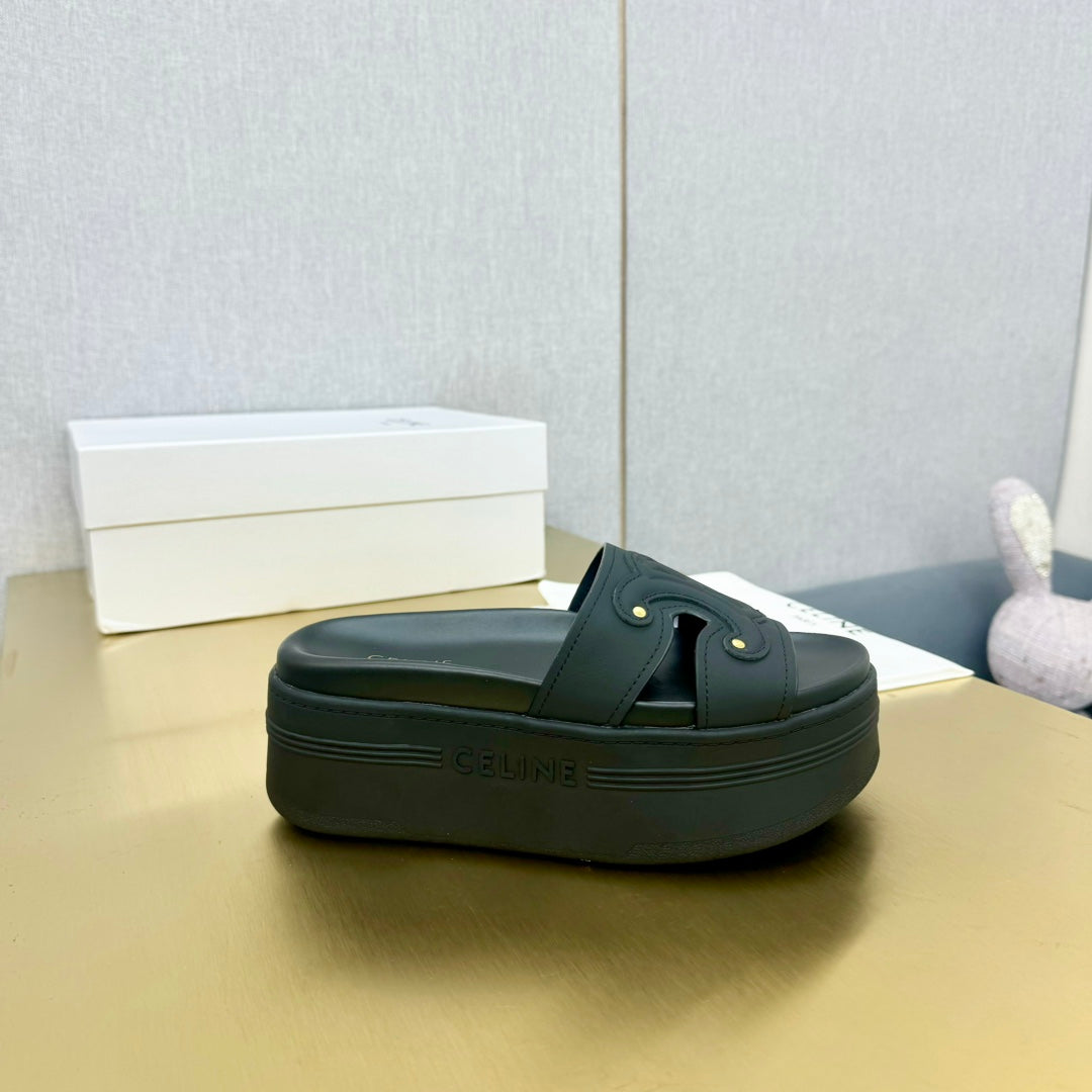 Celine Celine Platform Slide Black Leather 238139