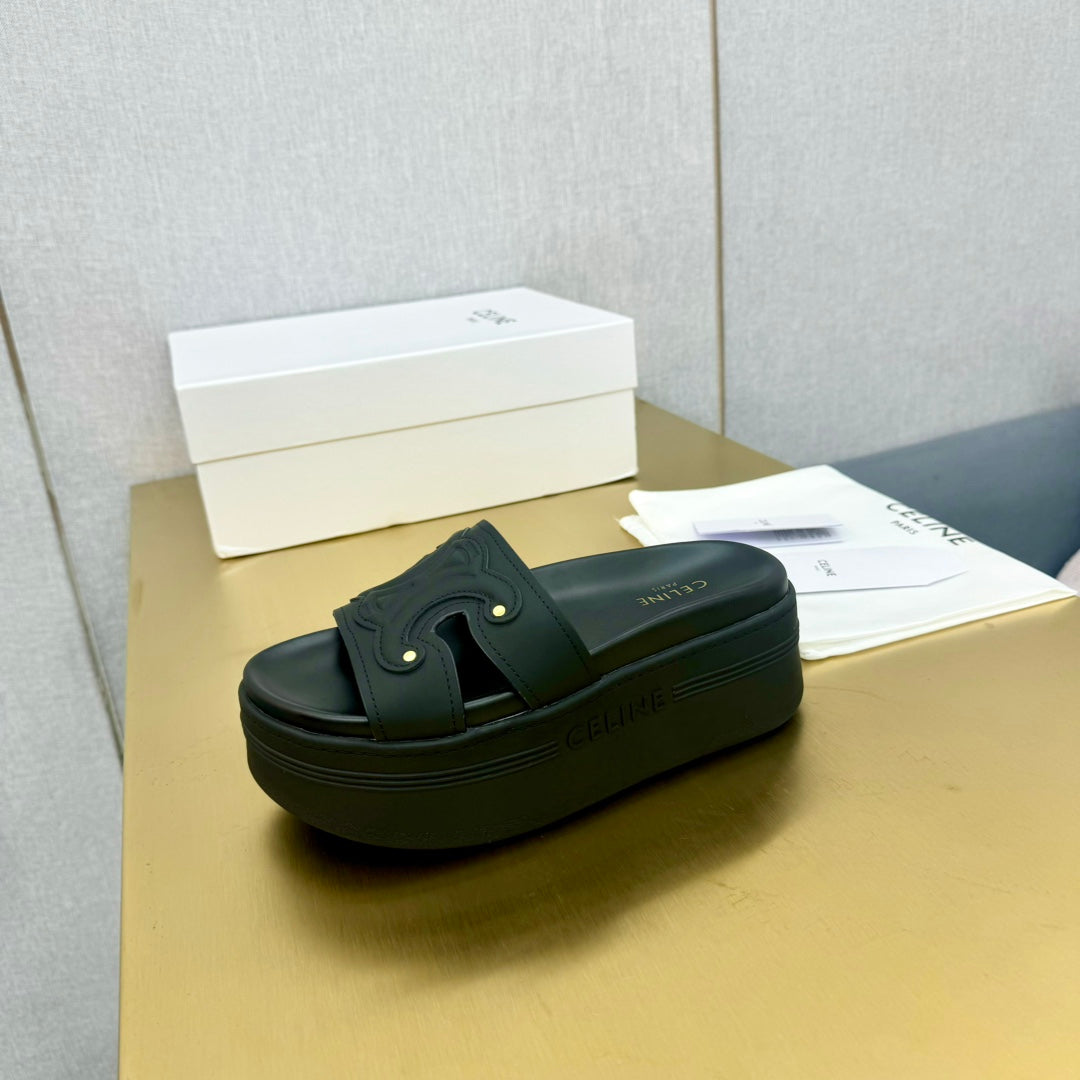 Celine Celine Platform Slide Black Leather 238139