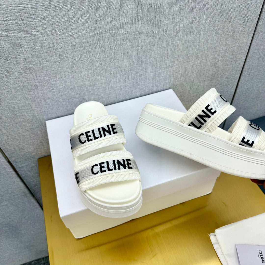 Celine Celine Flatform Dad Sandal Mule White Fabric with Rubber 238141