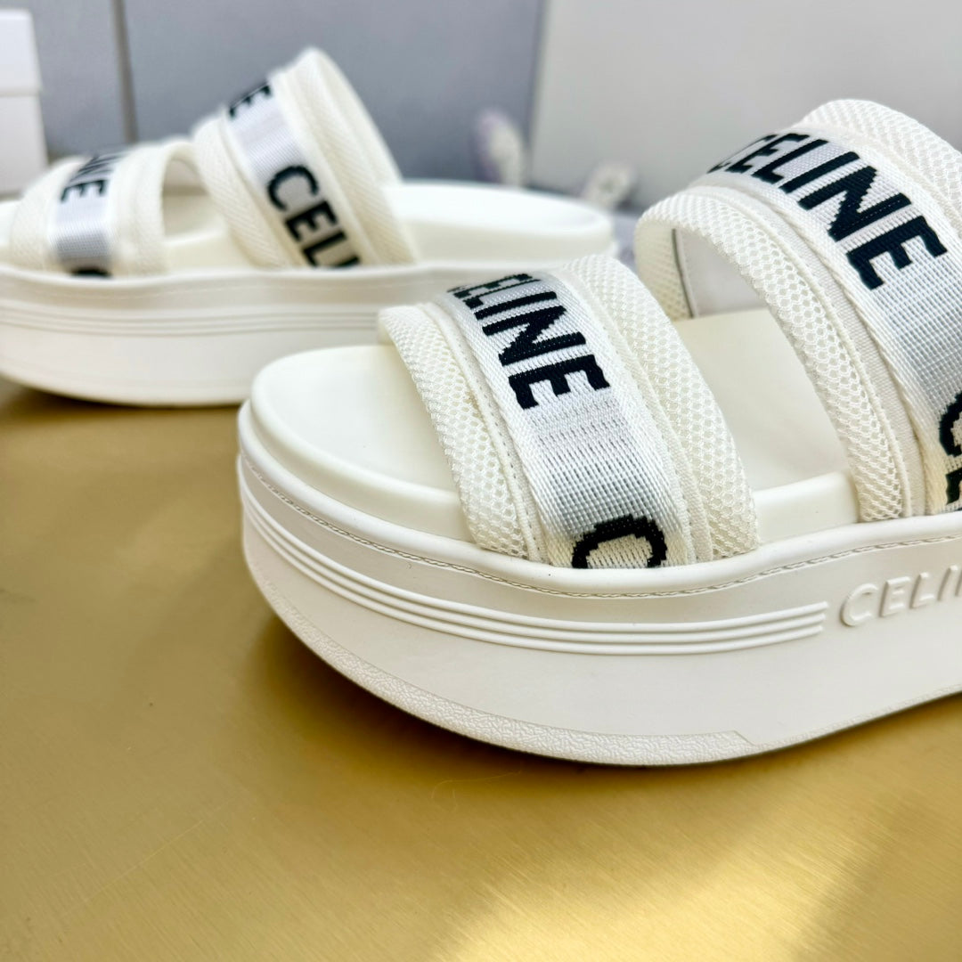 Celine Celine Flatform Dad Sandal Mule White Fabric with Rubber 238141